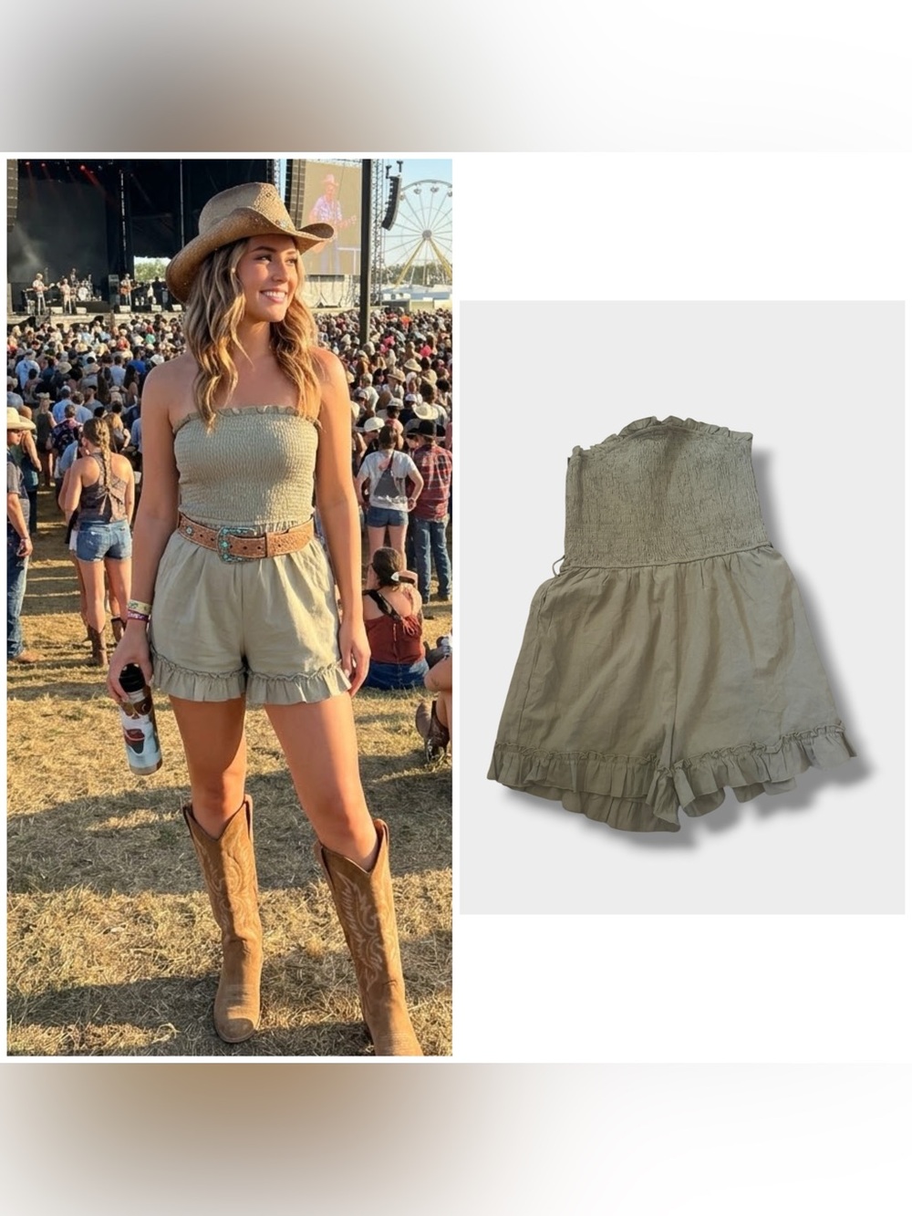 Cupshe Olive Strapless Smocked Ruffle-Hem Shorts Romper, Medium